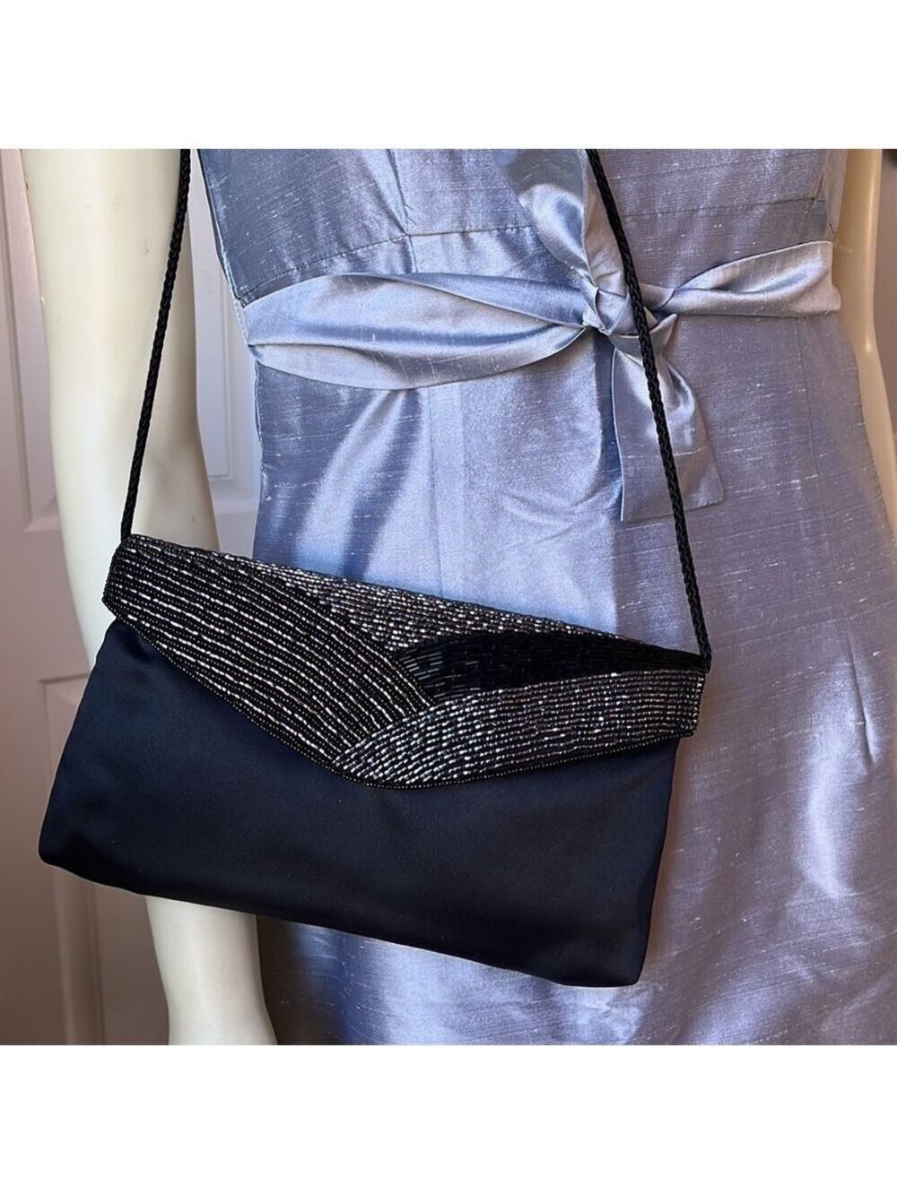VINTAGE Delill Black Beaded Satin Envelope Clutch Evening Purse